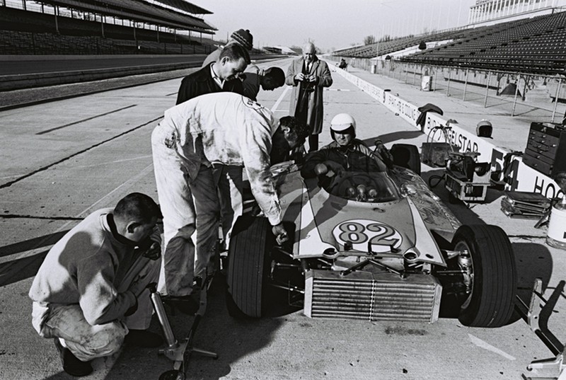 Duane Carter at the brickyard in 1963 tire testing the thompson car